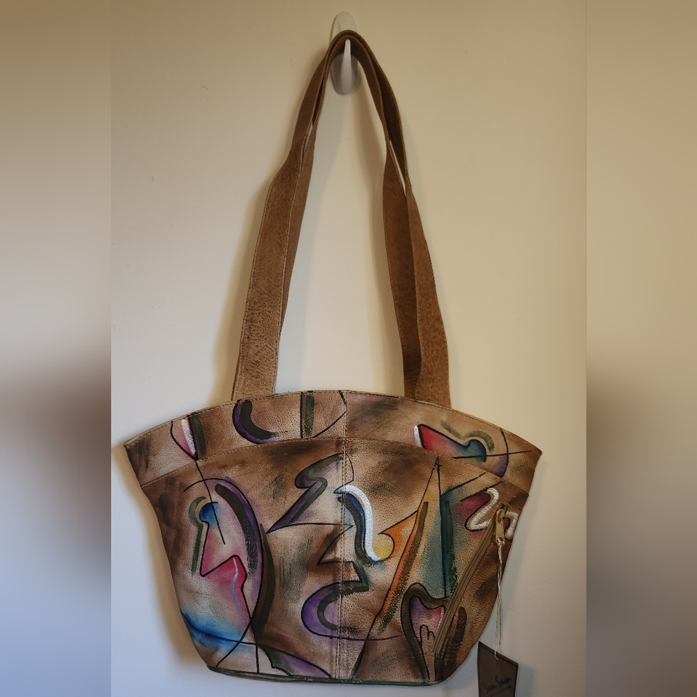 NWT Vintage 1980's Sam Sam Hand-Painted Large Tan Leather Shoulder Tote Bag